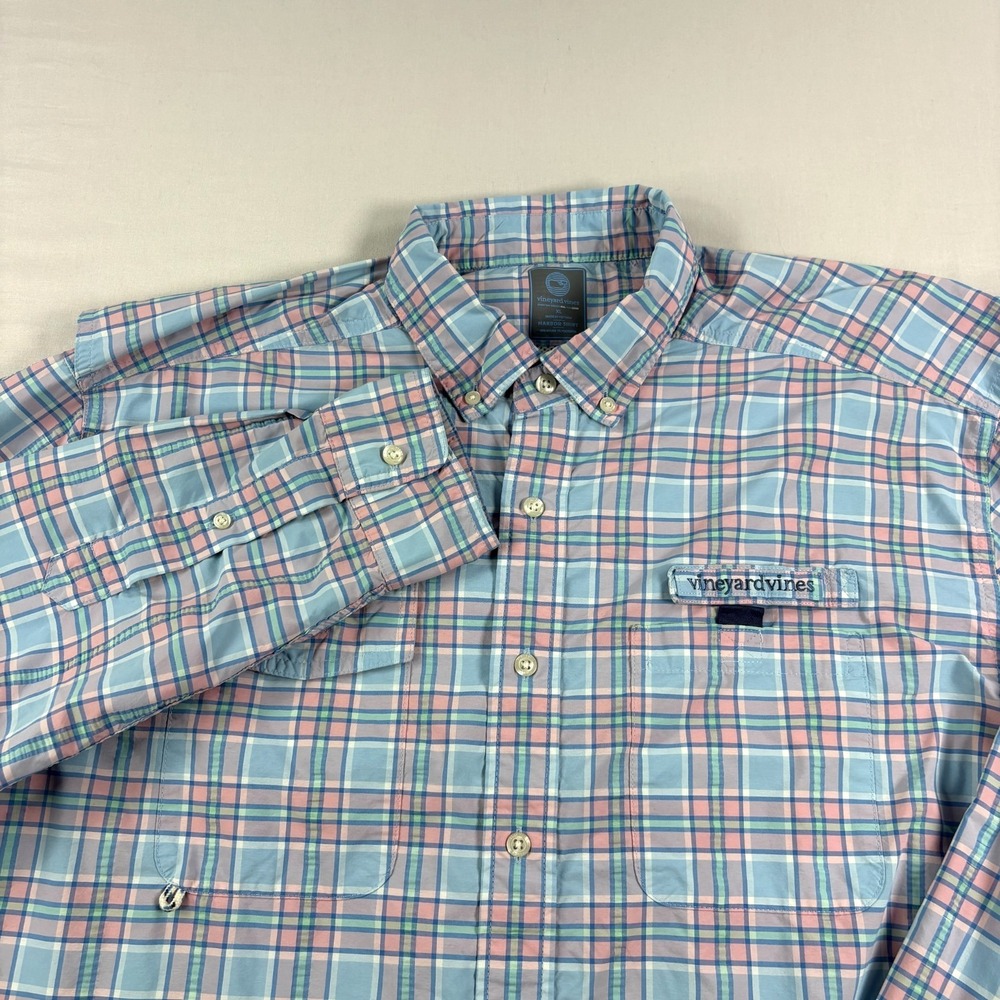 Vineyard Vines Harbor Shirt Mens XL Blue Pink Plaid Performance Fishing Vented